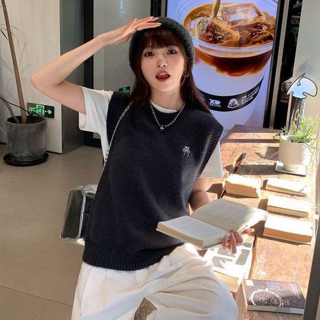 유니픽 여성 봄가을 순면 니트 민소매 조끼 라운드넥 루즈핏ddn