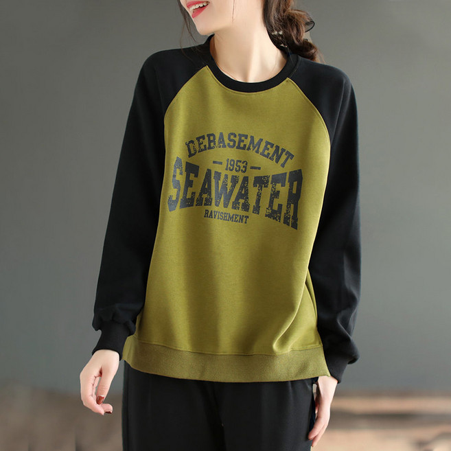 TKX 맨투맨 여자 배색 디자인 긴팔 스웨트셔츠 캐주얼 프린트 가을 코튼 티셔츠 K71