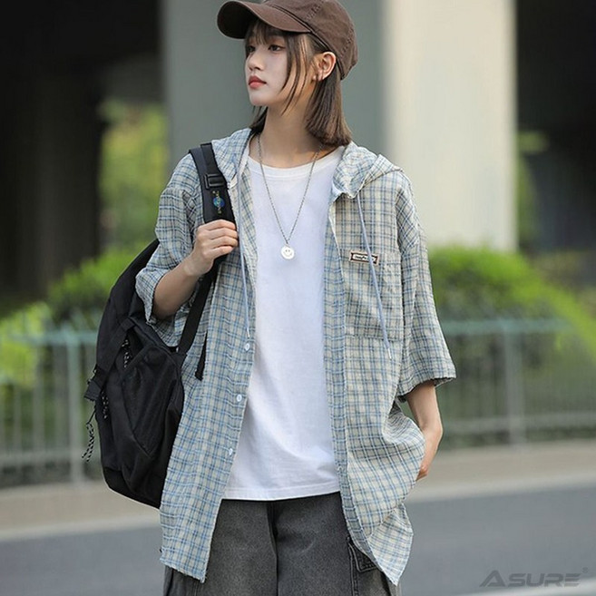 Asure 여사 체크 셔츠 후드 셔츠 빅 사이즈자외선 차단 의류