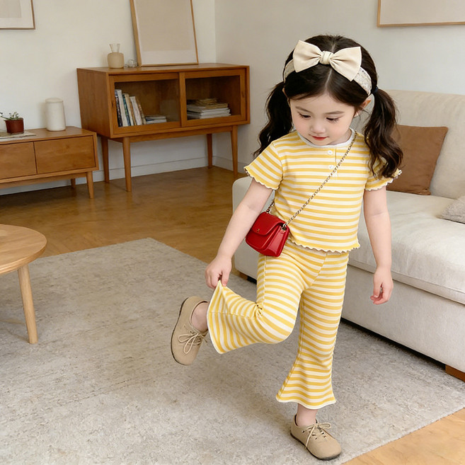 여아용 줄무늬 반팔 티셔츠 긴바지 상하복 세트