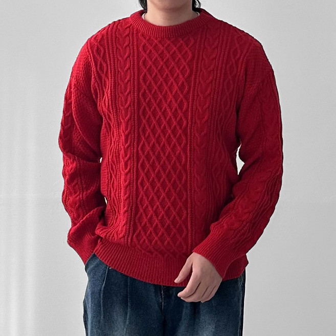 다이나믹피플 남자 두툼 꽈배기니트 오버핏 케이블 라운드 니트 스웨터