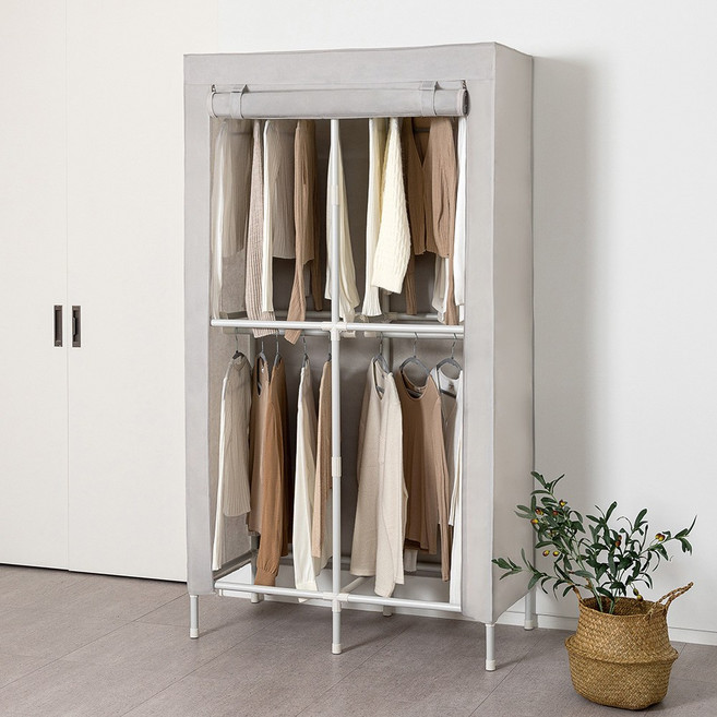 엠에프매직하우스 조립식 커버 옷장 2단 더블 행거 + 고무망치 세트, 화이트그레이