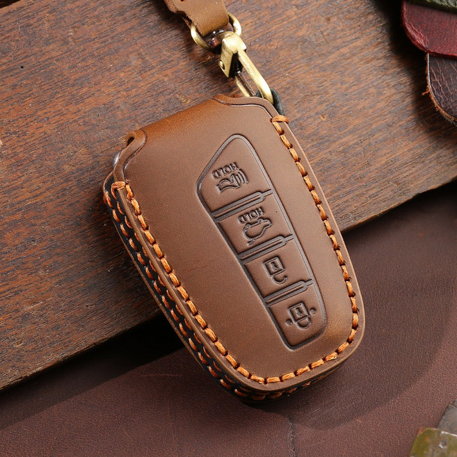 벤오토 현대 그랜저HG 제네시스DH 싼타페 더프라임 에쿠스 맥스크루즈 싼타페DM 호환 스마트키 가죽케이스 현대4버튼 키링 키홀더 (S2-HK4), 브라운, S2-HK4