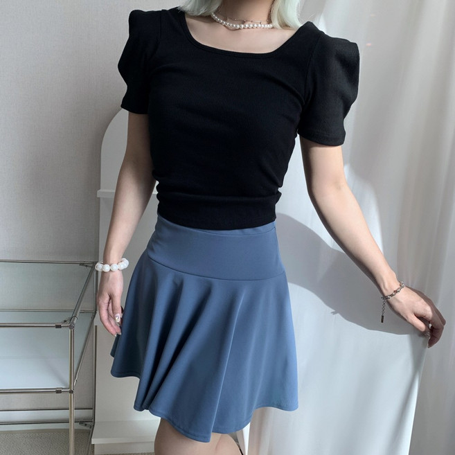 1+1 스퀘어넥 어깨퍼프 벌룬 소매 골지 반팔티