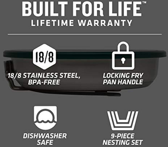 Stanley Adventure 스테인리스 프라이팬 캠프 쿡 세트 스테인리스 팬 조리기구 및 접시가 포함된 9개 피스 캠핑 조리기구 엉망 키트 실버, 1개