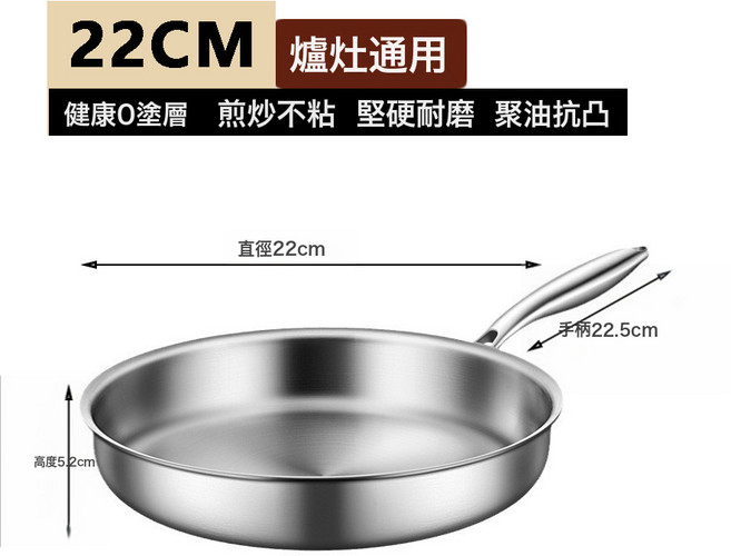 無塗層不粘平底鍋五層鋼家用不粘鍋煎餅牛排鍋電磁爐煎健康, 1個, 22cm反邊無塗層不粘煎鍋, 1cm