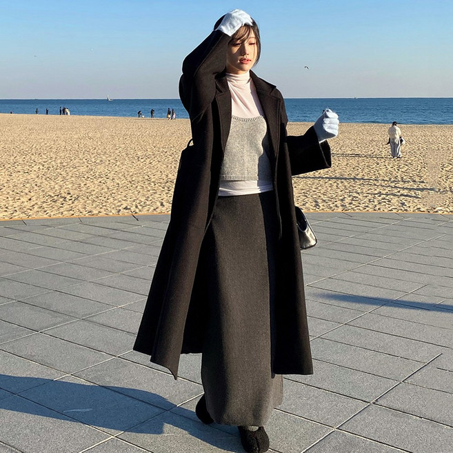 타니즈 오버핏 카라넥 겨울 여성 울혼방 롱코트