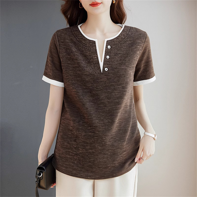 VEZRI 여성 컬러 블록 반팔 티셔츠 빅 사이즈 루즈핏 여름 캐주얼 V넥 상의 슬림핏 F88