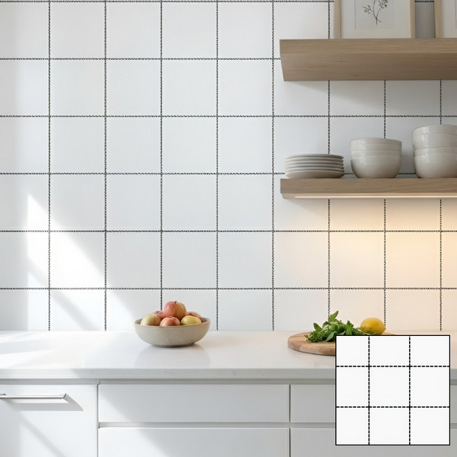 제이에스맘 붙이는 벽지 방수 격자 그리드 타일 시트지 데코 폼플럭 시트 61X300cm, 화이트그리드