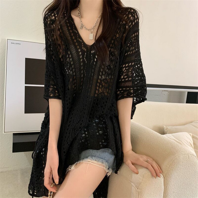 PETITBATH 여름 여성 크로셰 오픈워크 브이넥 루즈핏 미니드레스 코튼 비치 커버업 WH 3682