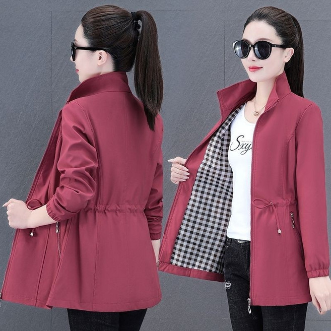 POMTOR 중년 여성 슬림핏 트렌치코트 캐주얼 스탠딩 칼라 허리 조임 미디 자켓