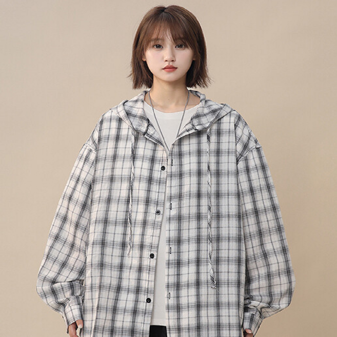 파스텔 후드 체크 데일리 커플룩 루즈핏 아우터 셔츠