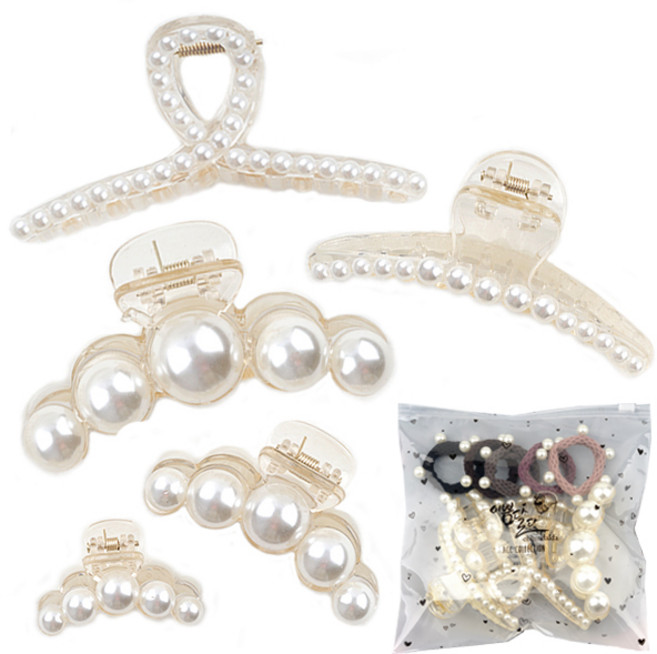 이쁨달다 진주크랩세트 5종+헤어링5개 파우치증정 올림머리 반머리 집게핀 꾸안꾸 뒷태미녀