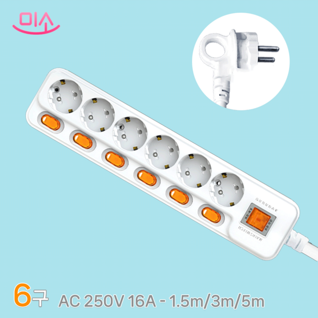 국산 현대 개별+과부하차단 콘센트 멀티탭 6구, 1개, 1.5m, 화이트