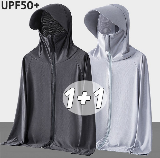 1+1 남자 아이스 경량 후드자켓 여름 통기성 낚시 쿨링 바람막이 점퍼 자외선 차단