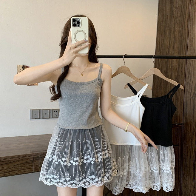 Yumico 여성 레이어드 시스루 레이스 나시 원피스 롱슬립 힙커버 체형보정 프릴 이너룩 스판 빅사이즈 데일리룩