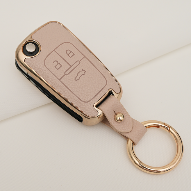 쉐보레 아베오 트랙스 라세티 크루즈 말리부 호환 TPU 프리미엄 가죽 자동차 스마트 키 케이스 키홀더, 3버튼TL17, 아이보리골드