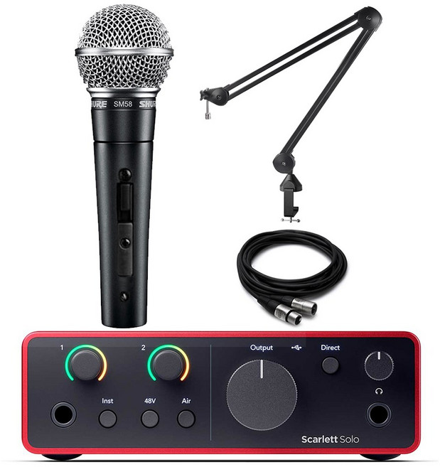 포커스라이트 스칼렛 솔로 4세대 오디오 인터페이스 슈어 SM58 SK 다이나믹 마이크 홈레코딩 장비