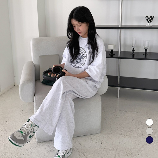 디테일웨어 여성 런던 레터링 반팔 트레이닝세트 라운드넥 맨투맨 밴딩 와이드팬츠 오버핏 여자츄리닝 키작녀 운동복