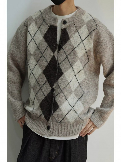 해피유통 남성 가을 겨울 클래식 아가일 패턴 울 혼방 니트 가디건 루즈핏