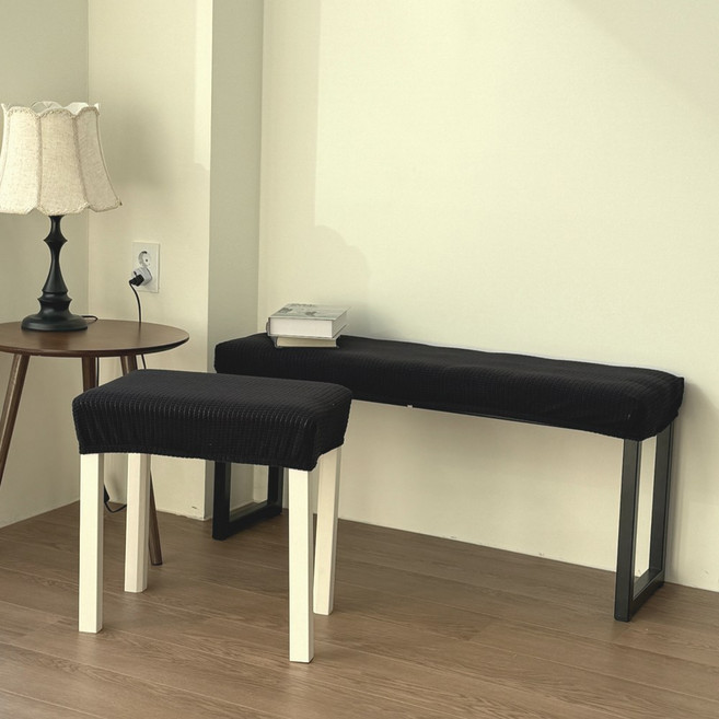 커버무드 심플 와플 벤치형 식탁의자 커버, 블랙, 1개