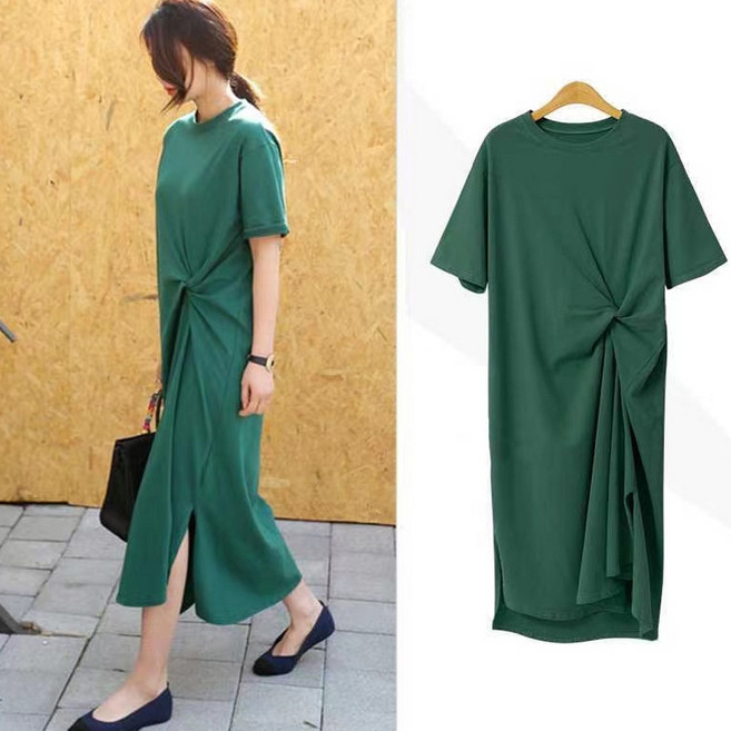 후암마켓 여자 꼬임 루즈핏 라운드 반팔 롱 원피스