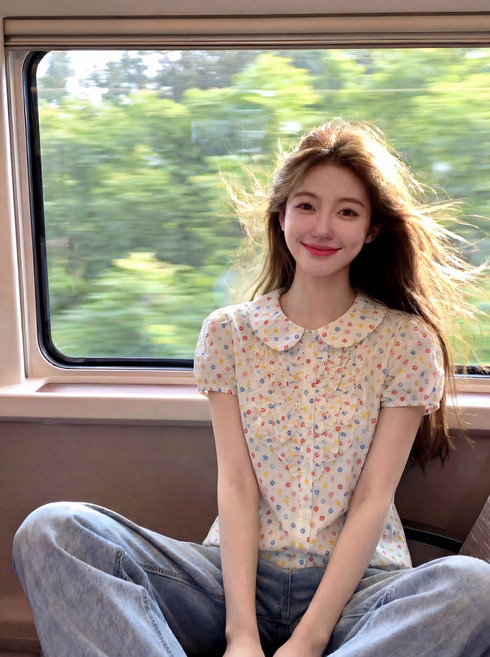 法式泡泡袖碎花短袖襯衫