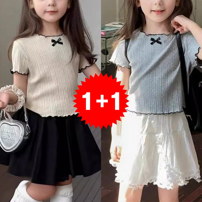 지디오 키즈 여아 반팔 티셔츠 2개 세트 리본 프릴 주름 라운드넥 골지 반팔티