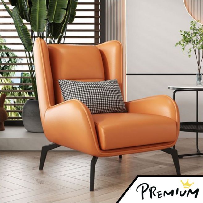LACALE 넓은 윙체어 1인용 쇼파 생활방수 가죽 소파 안락의자 엔틱 암체어 팔걸이 쿠션 의자, 오렌지 시트, 의자만