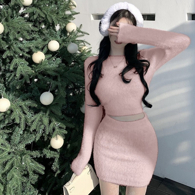 에쥬아 핫걸 니트 상하세트 크롭 긴팔스웨터 + 미니스커트 투피스 파티룩 연말 모임룩