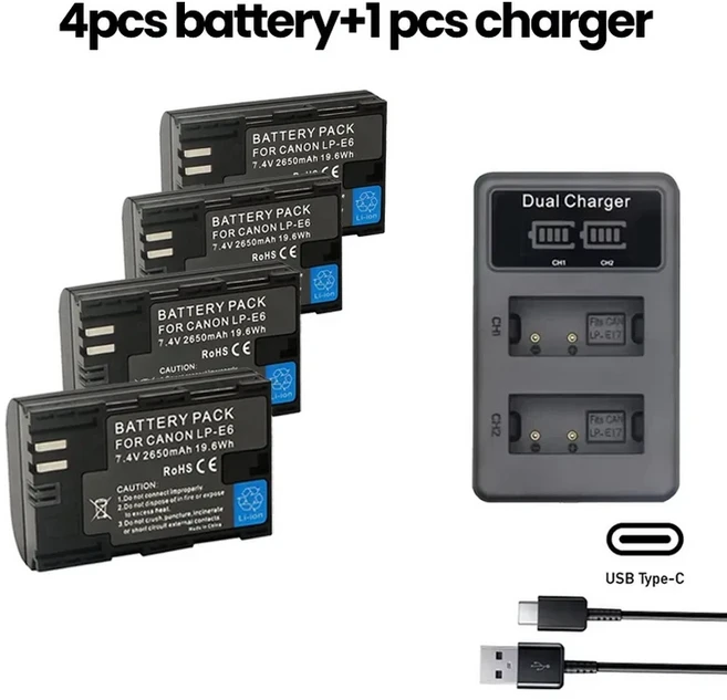 캐논 카메라용 LP-E6 2650mAh 7.4V 배터리 또는 LED 듀얼 충전기 (EOS 5D Mark II 2 3 6D R XC10 호환), 1개, 01 4battery1charger
