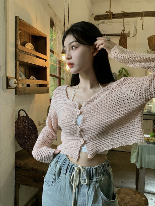 鏤空針織薄罩衫 夏季短版外搭上衣, 粉紅色,L