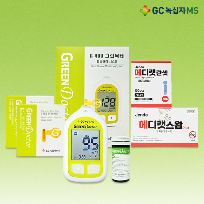 녹십자 그린닥터 혈당측정기+시험지100매+멸균침110개+솜100매 혈당측정기 세트 [메디캣 출고], 1세트, 그린닥터 혈당측정기