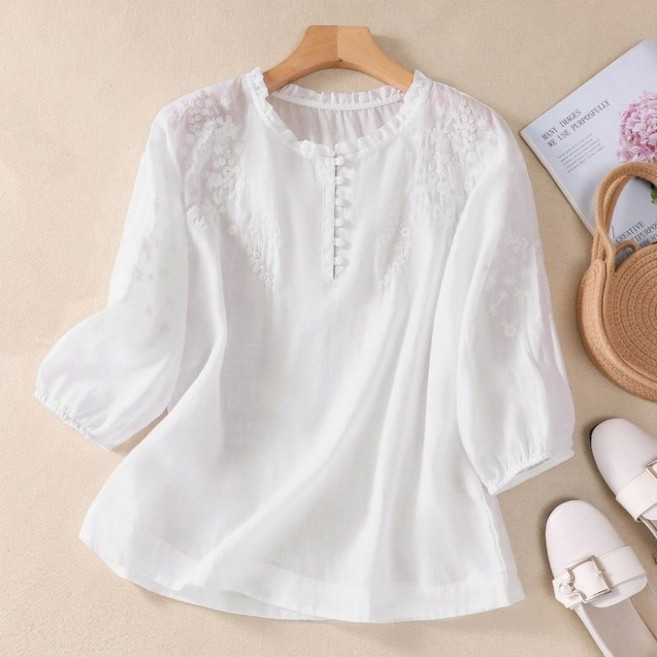 아이엠몽 여성 플라워 자수 퍼프소매 7부 블라우스