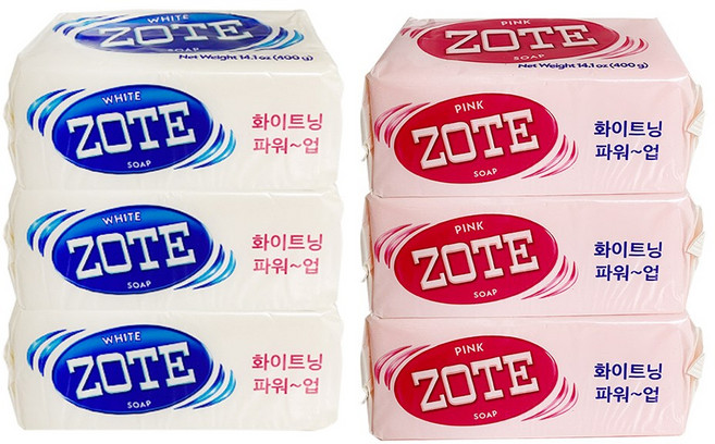 토탈하우스 ZOTE비누 6개세트 혼합 (화이트3개+핑크3개) 조트비누 멕시코비누 천연비누 만능비누 ZOTE, 1세트, 400g