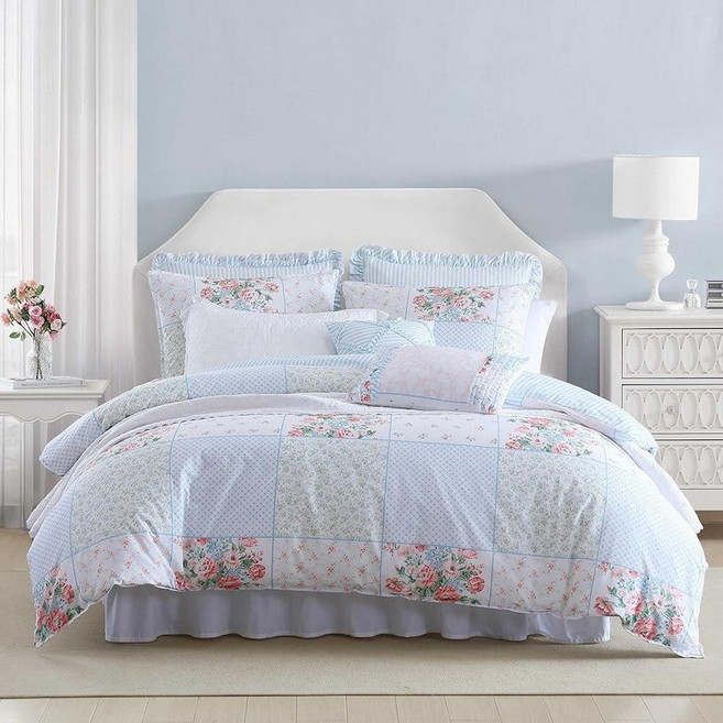 Laura Ashley - 트윈 이불 세트 어울리는 베개 커버 및 보너스 장식 베개가 있는 프리미엄 면 침구 플로럴 홈 데코 Oeko-Tex 인증 로즈 골드, Hope Patchwork Blue, 1개