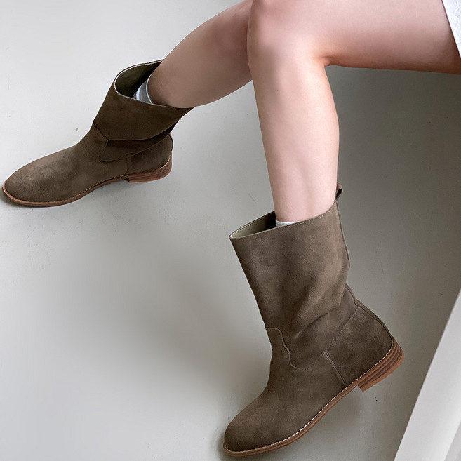 플라틴베이지 천연소가죽 와이드 통 미들 하프 부츠 입구넓은 여자 신발 (종아리알커버)