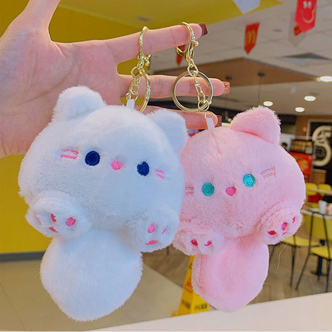 아이끌레 플러시 고양이 인형 키링 2종 세트, 14cm, 화이트 + 핑크, 1세트