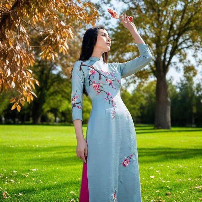 奧黛旗袍 修身禮服連衣裙 荷花兩件套