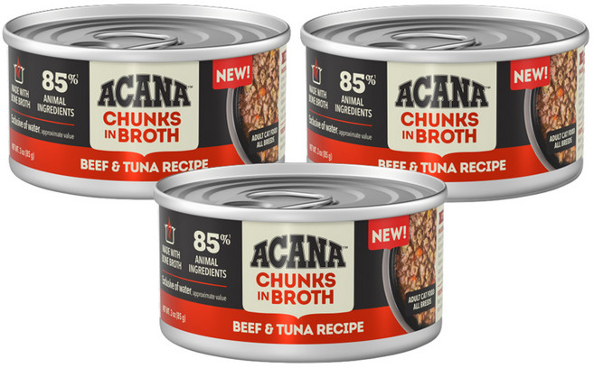 아카나 청크 인 브로스 소고기 참치 레시피 고양이 습식사료 85% 동물성 재료 전연령, 3개, 85g, 소+참치