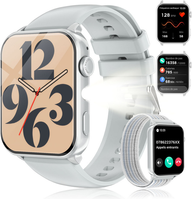 IOWODO R30MAX 스마트워치 1.91인치 HD 곡면 디스플레이 메시지 알림 수면 추적 100가지 이상 운동 모드 LED 손전등 IP68 방수 통화가능 스마트워치, 회색, 3.7cm, 블루투스