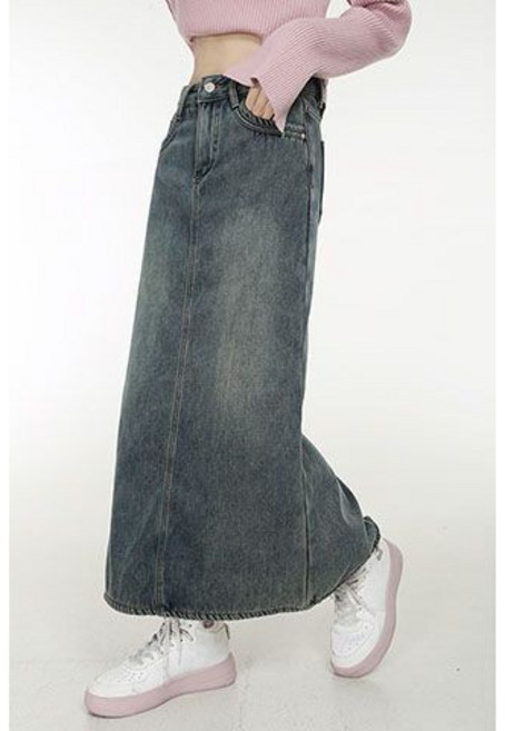 jacq. 韓版復古藍刷毛開叉牛仔長裙