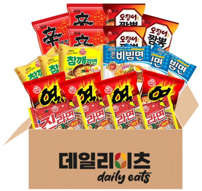 [데일리이츠] 봉지라면 낱개 농심 오뚜기 팔도 6종 20개입 (진라면 매운4 + 열라면4 + 참깨라면3 + 팔도비빔3 + 신라면3 + 오징어짬뽕3), 1세트