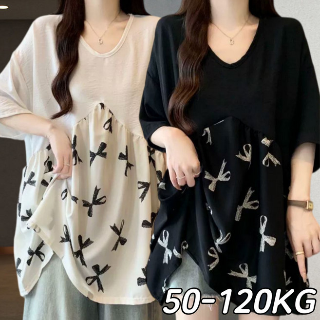 여성 오버핏 브이넥 반팔티 여름 편안한 리본 티셔츠 롱티 박시티 빅사이즈