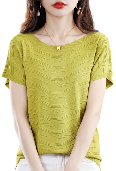여성용 라운드넥 웨이브패턴 루즈핏 반팔 니트 티셔츠 쿨냉감 데일리 크롭 D5273