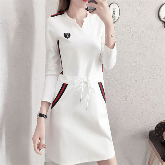 Vezri 여성 봄가을 슬림핏 허리 조임 캐주얼 데일리 원피스