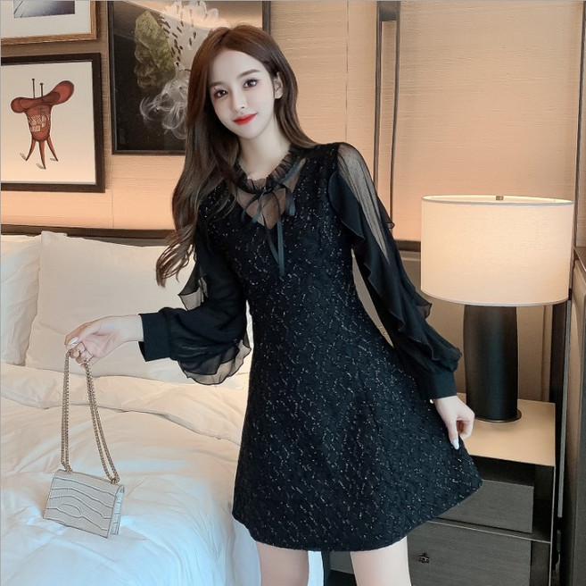 DIU 黑色連衣裙子女春季裝新款法式名媛收腰打底長袖小黑裙, S