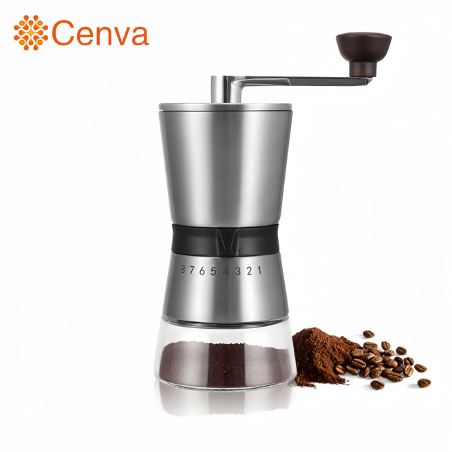 Cenva 가정용 수동 커피그라인더 고속 분쇄기 분쇄도 조절가능, 실버