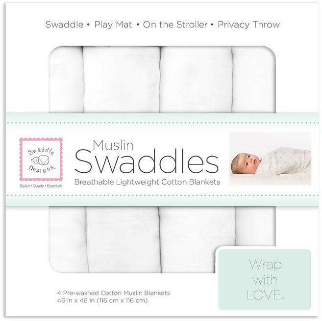 SwaddleDesigns 면 모슬린 포대기 담요 4개 세트 남아 및 여아용 속싸개 최고의 샤워 선물 116.8 x 116.8cm(46 46인치) 핑크 플로럴, Pure White