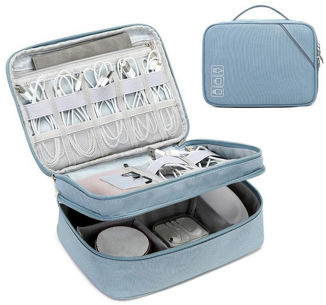 Lanola 전자 오거나이저 여행용 이중 레이어 케이블 정리함 가방 하드 드라이브 케이블 USB SD 카드 메모리 플래시 드라이브 등을 위한 액세서리 가방 - 레드, 2-라이트 블루